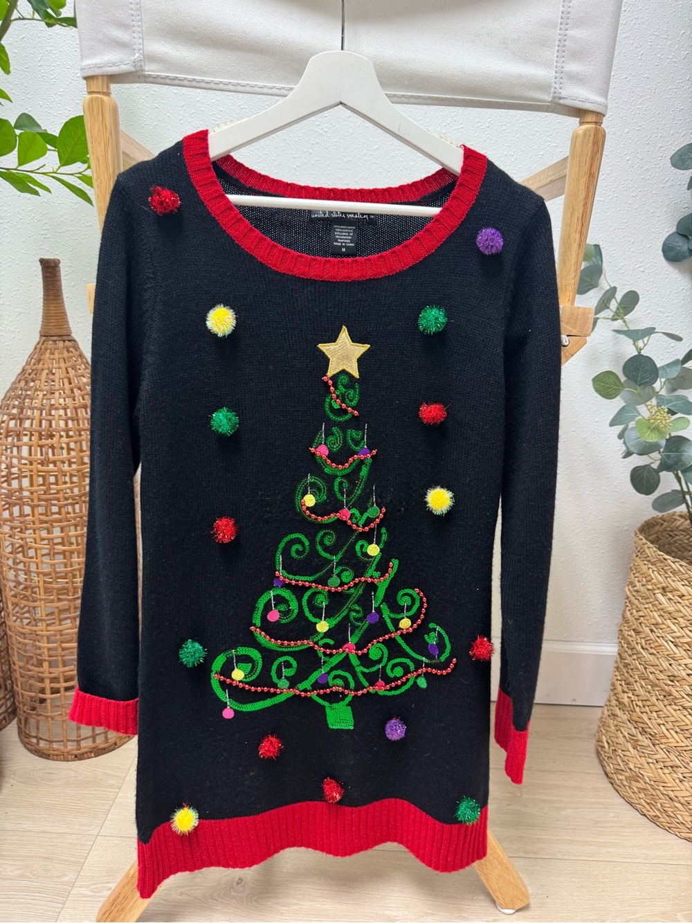 United States Sweater Women’s M Christmas Tree Sequin Pom Pom Ugly Sweater Dress